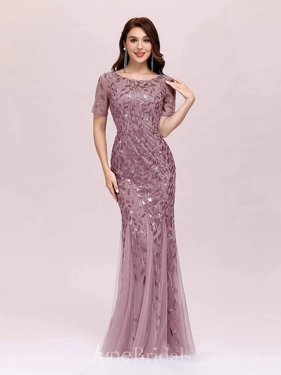 Vintage Mermaid/Trumpet Jewel Short Sleeve Prom Formal Dress with Pleats and Sequins