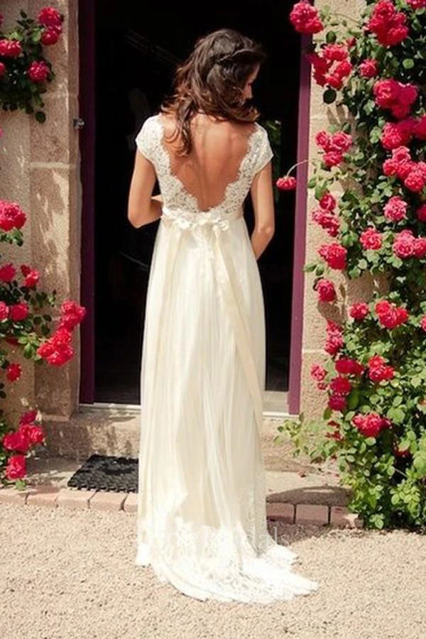 V-neck Cap Sleeves Court Train Backless Wedding Dress With Sash
