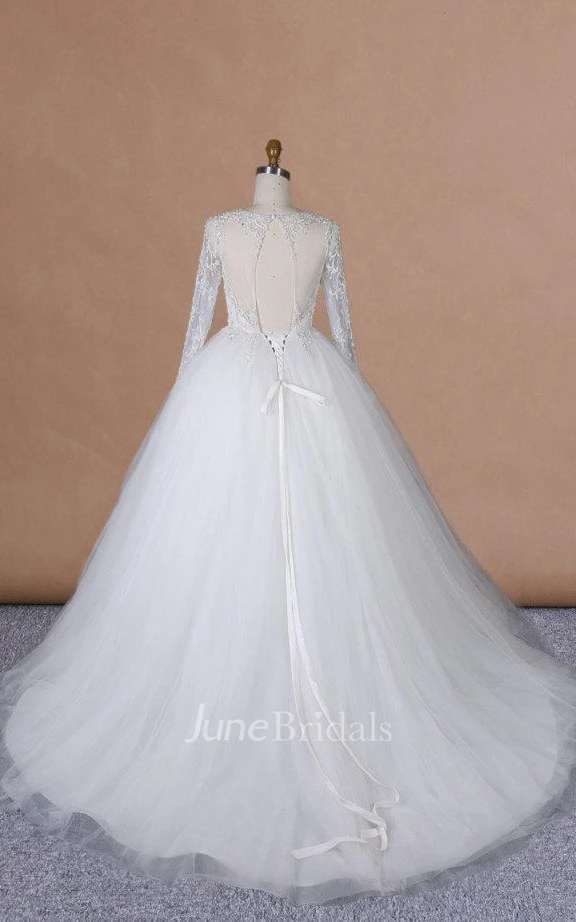 Ball Gown Long Sleeve Tulle Satin Dress With Beading Keyhole Back
