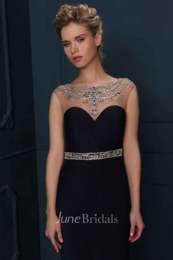Cap Sleeve Jewel Neck Beaded Jersey Evening Dress
