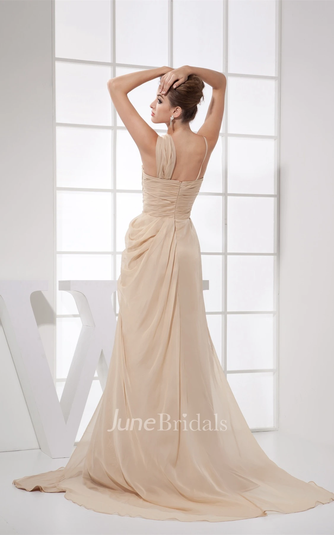 Asymmetrical Ruched Maxi Gown with Draping and Brush Train