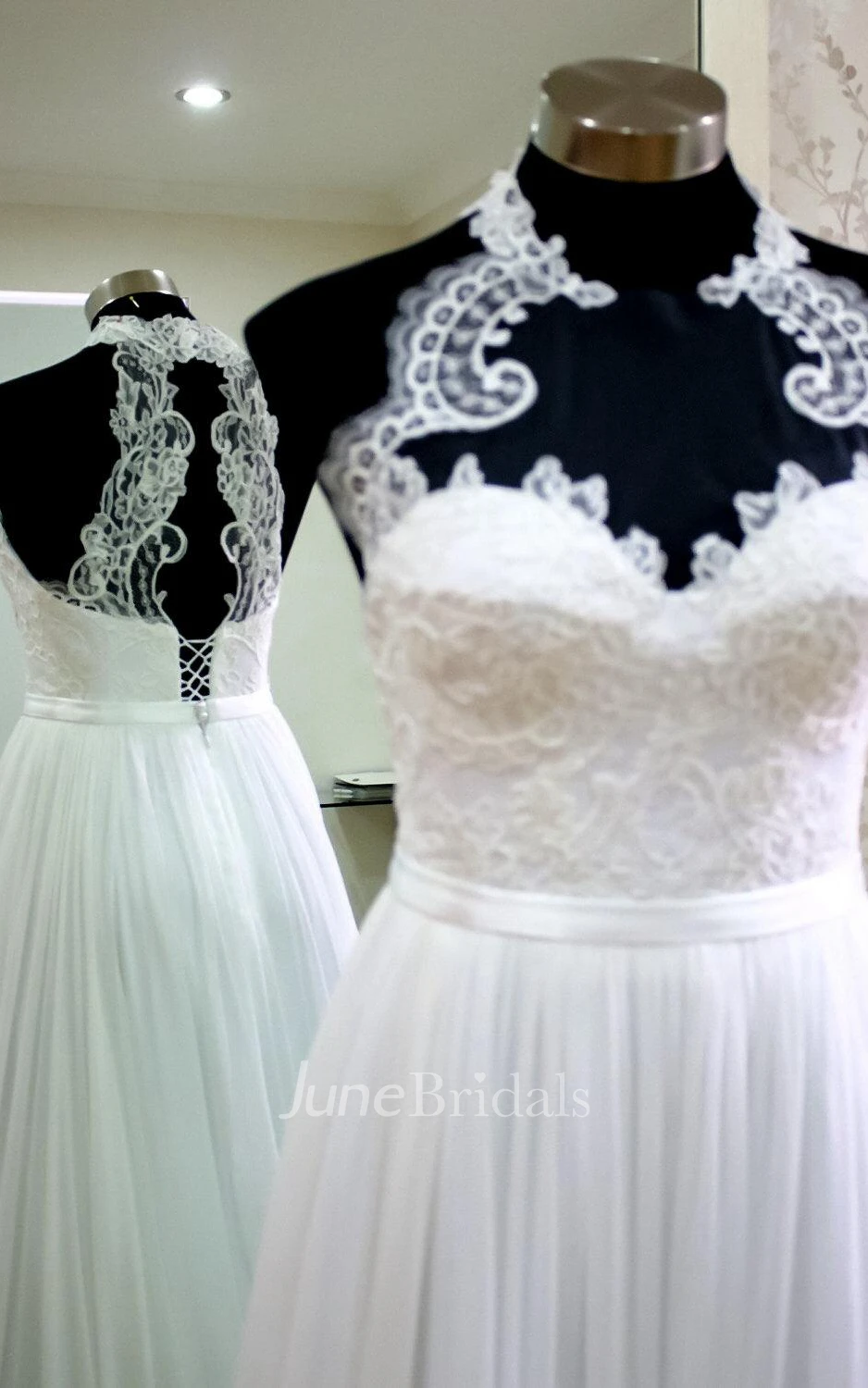 Unique Halter Long A-Line Chiffon Wedding Dress With Lace Appliques