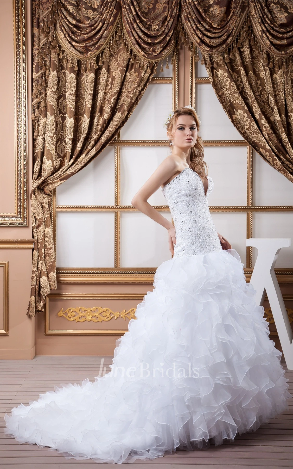 Deep-V-Neck Ruffled A-Line Dress with Crystal Detailing