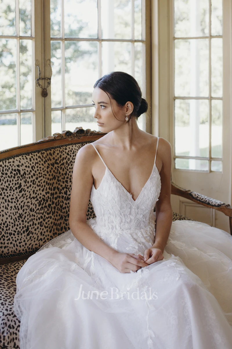 Tulle Backless Ethereal Spaghetti Straps Plunging V-neck Bridal Ballgown With Lace Appliques