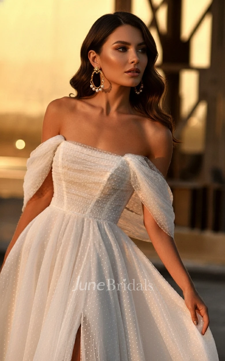 Vintage Romantic Off-the-shoulder A-Line Tulle Warm Wedding Dress Simple Sexy Adorable Lace-up Back Floor-length Split Front Bridal Gown with Train