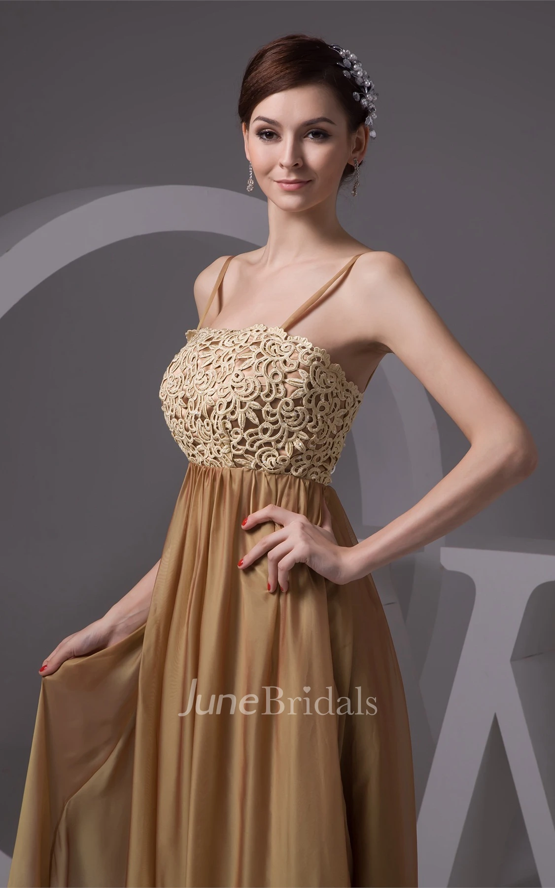 Spaghetti-Strap Floor-Length Gown with Pleats and Lace