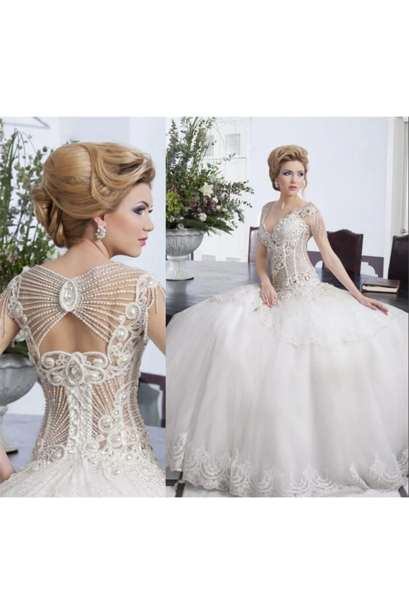 Glamorous Beadings Ball Gown Wedding Dress Tulle Lace Bridal Gown