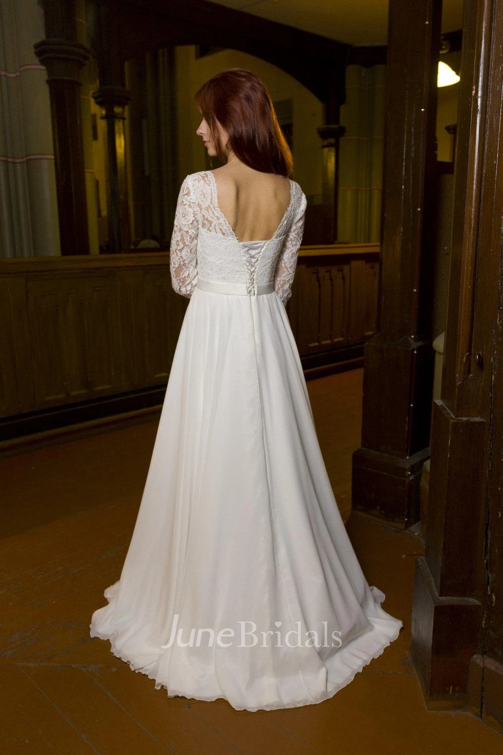 Bateau Neck Long Sleeve Chiffon Wedding Dress With V-Back Cutout