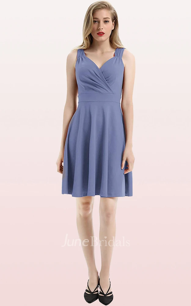A Line V-neck Jersey Sleeveless Prom Cocktail Dress With Ruffles