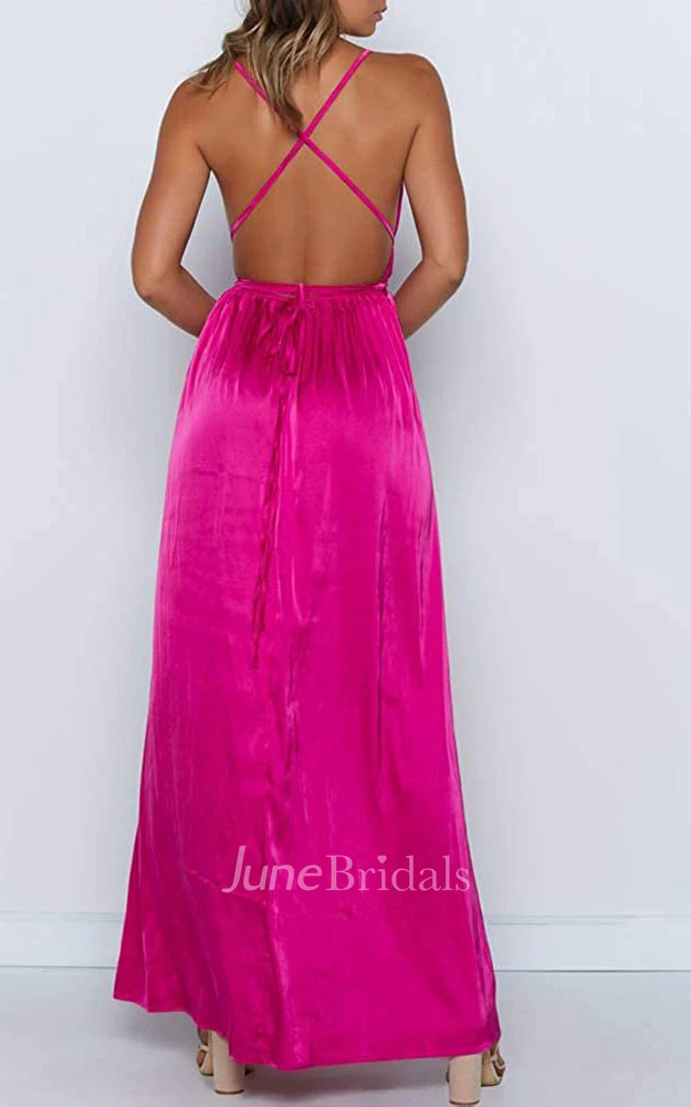 A Line V-neck Cowel Satin Evening Dress With Ruffles and Split Front