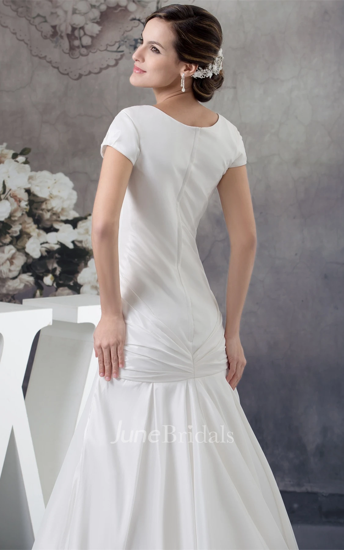 Scoop-Neckline Short-Sleeve Taffeta Gown with Criss-Cross and Beadings