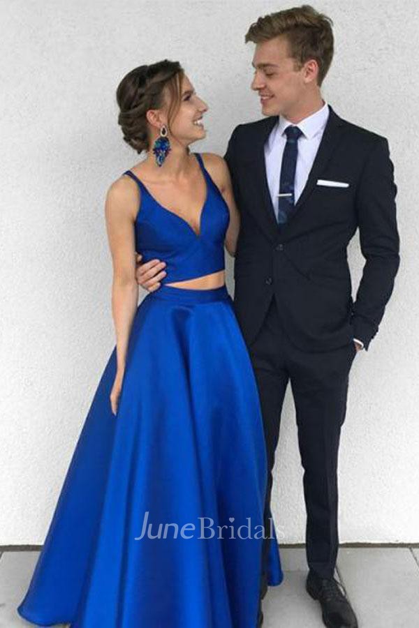 Two Piece Deep V Neck Royal Blue Satin Prom Dress Evening Dress June Bridals