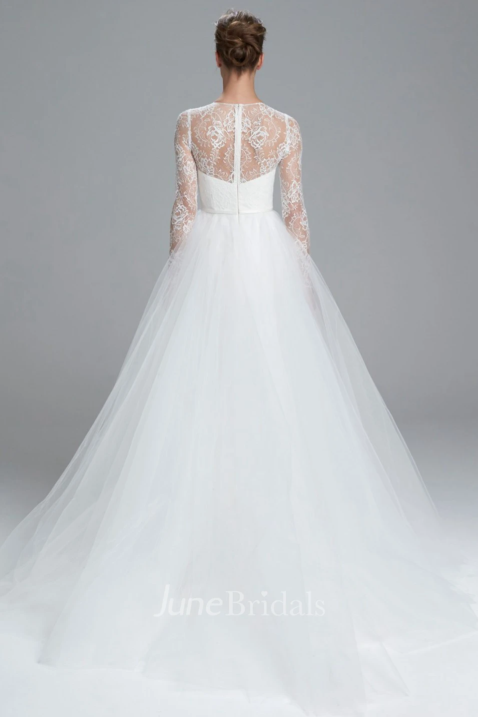 Ball Gown Long-Sleeve High Neck Tulle Wedding Dress With Lace And Illusion
