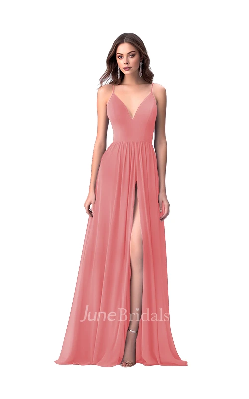 Romantic A-Line Spaghetti V-neck Chiffon Bridesmaid Dress with Split Front