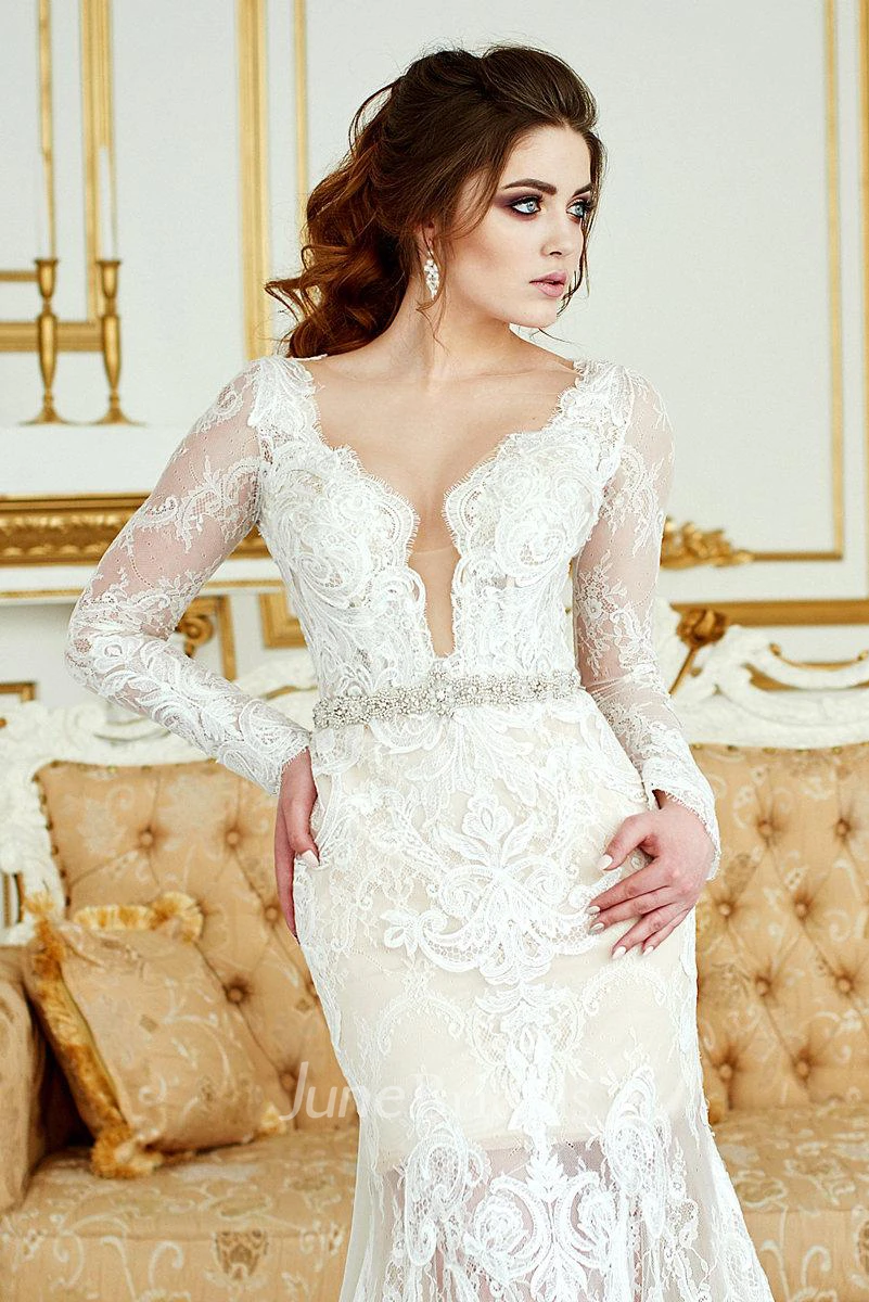 Deep-V-Neck Lace Illusion Long Sleeve Mermaid Beaded Wedding Dress With Skirt
