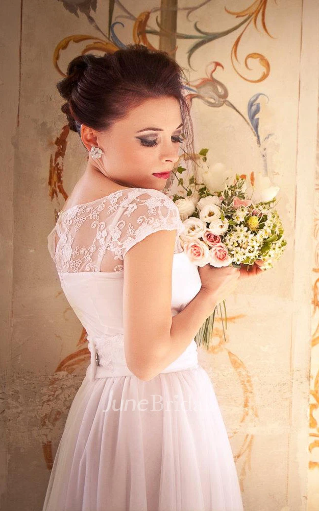 Bateau Cap Sleeve Long Tulle Wedding Dress With Sash And Sequins