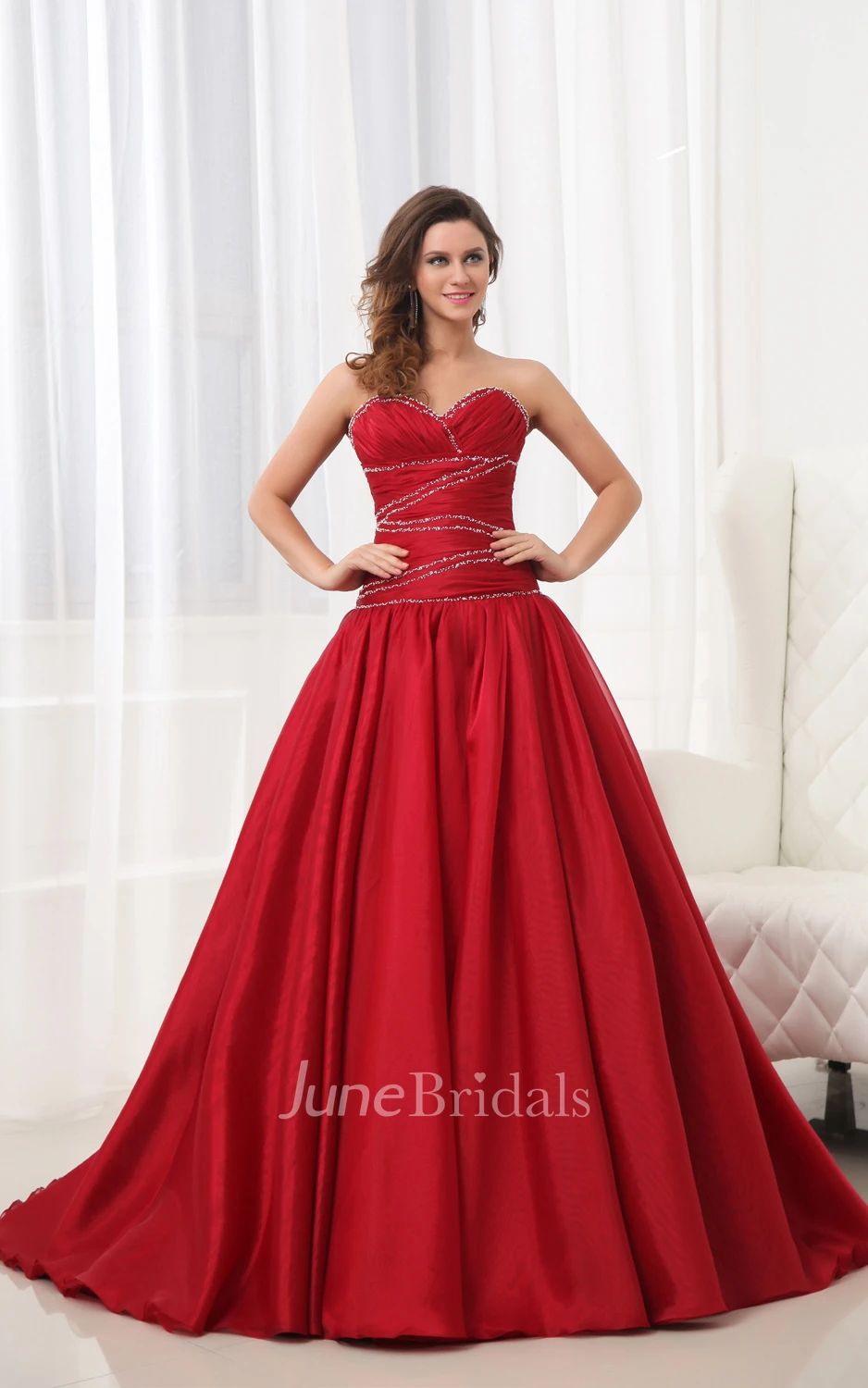 A-Line Ruby Sweetheart Sleeveless Dress With Draping And Ruching