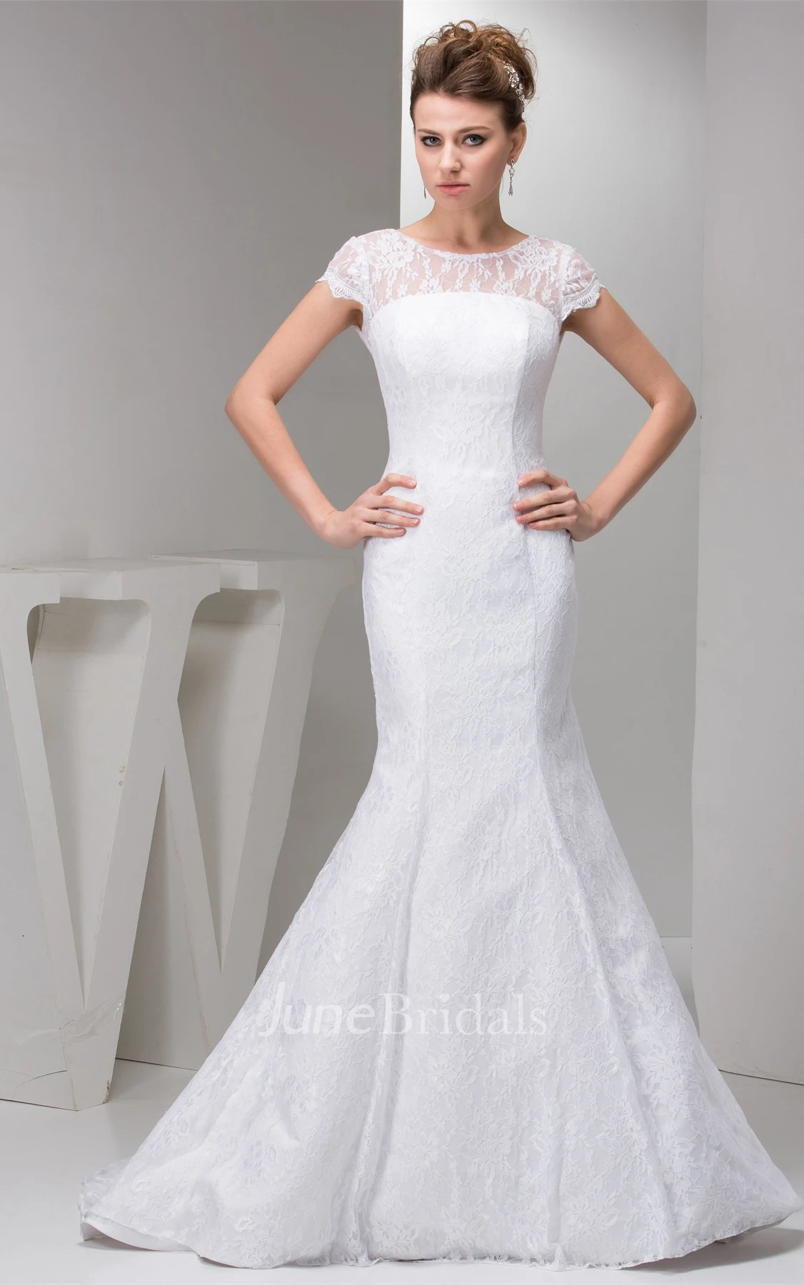 Short-Sleeve Lace Column Gown with Low-V Back