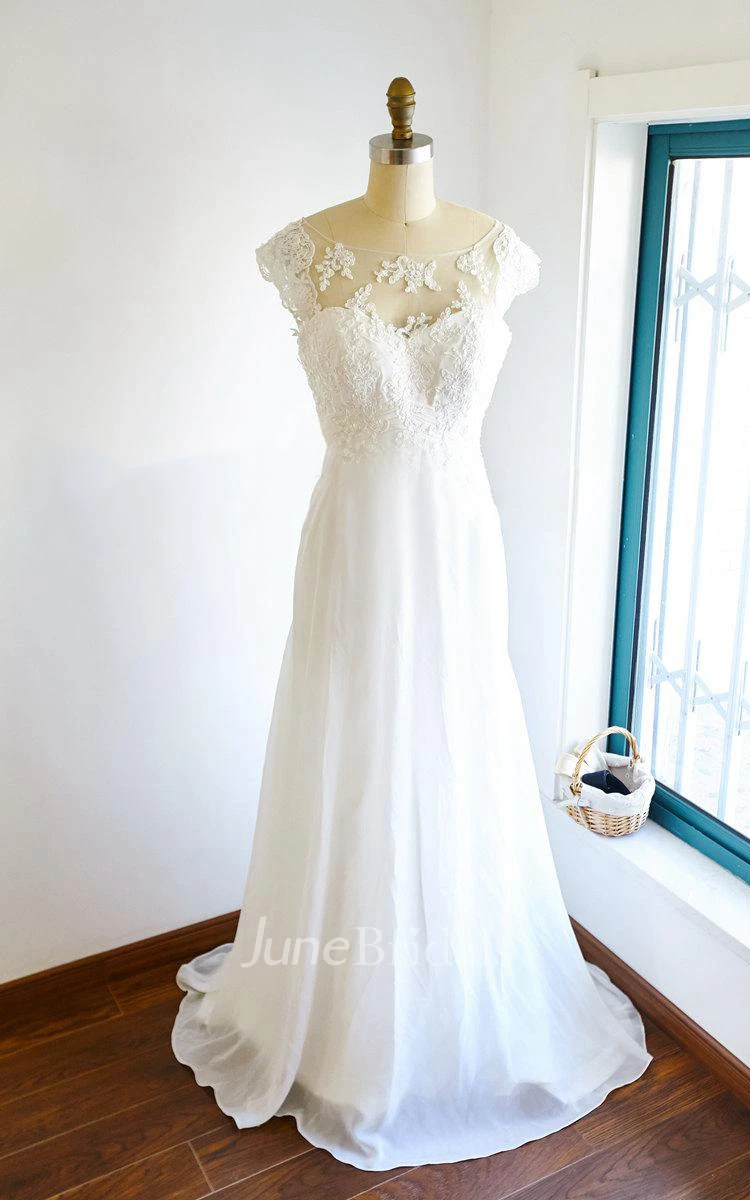 Cap Sleeve Chiffon Tulle Lace Satin Dress With Illusion