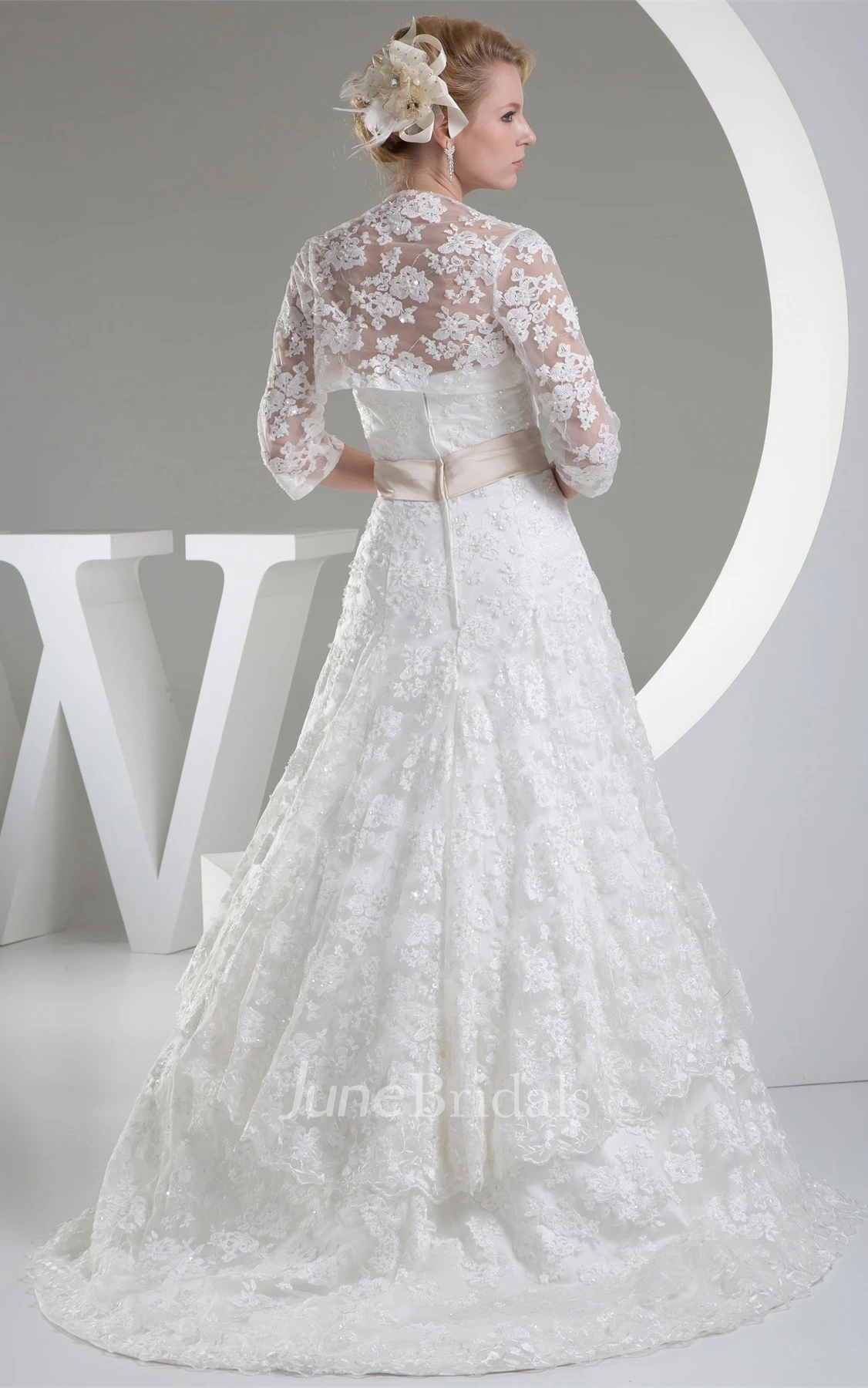 Strapless Lace A-Line Dress with Bolero and Brush Train