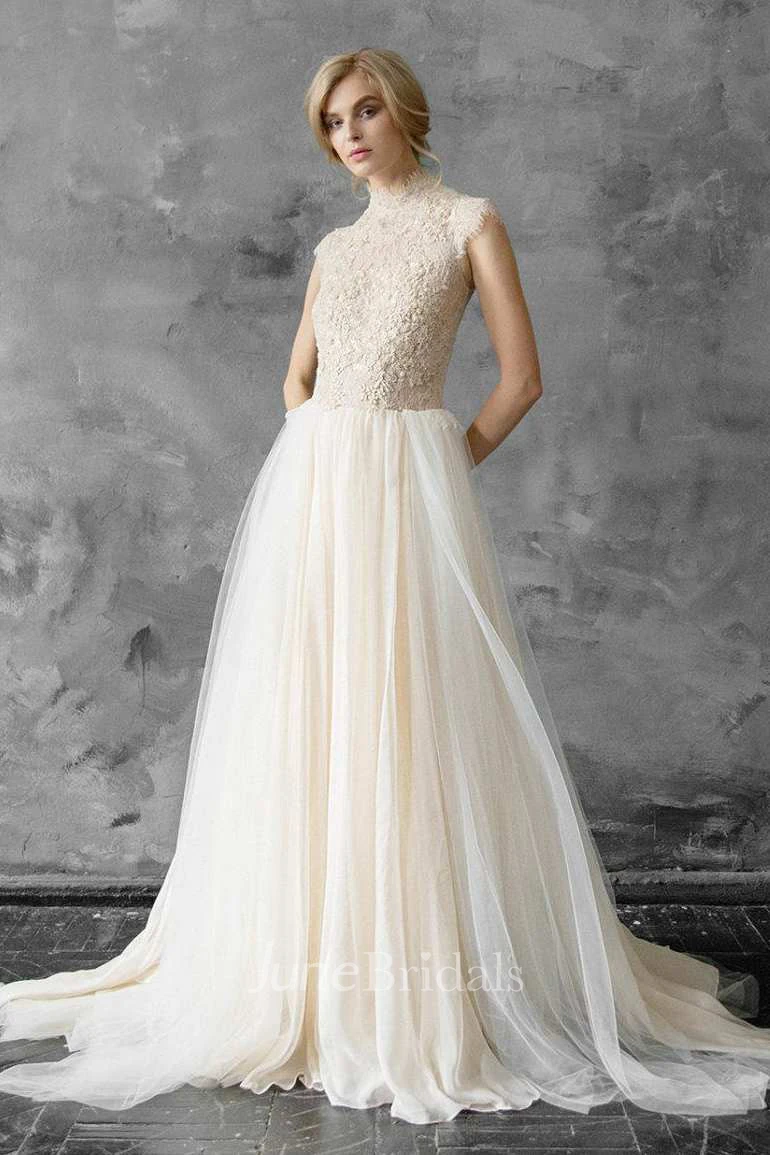 High Neck Tulle Lace Embroidered Wedding Dress