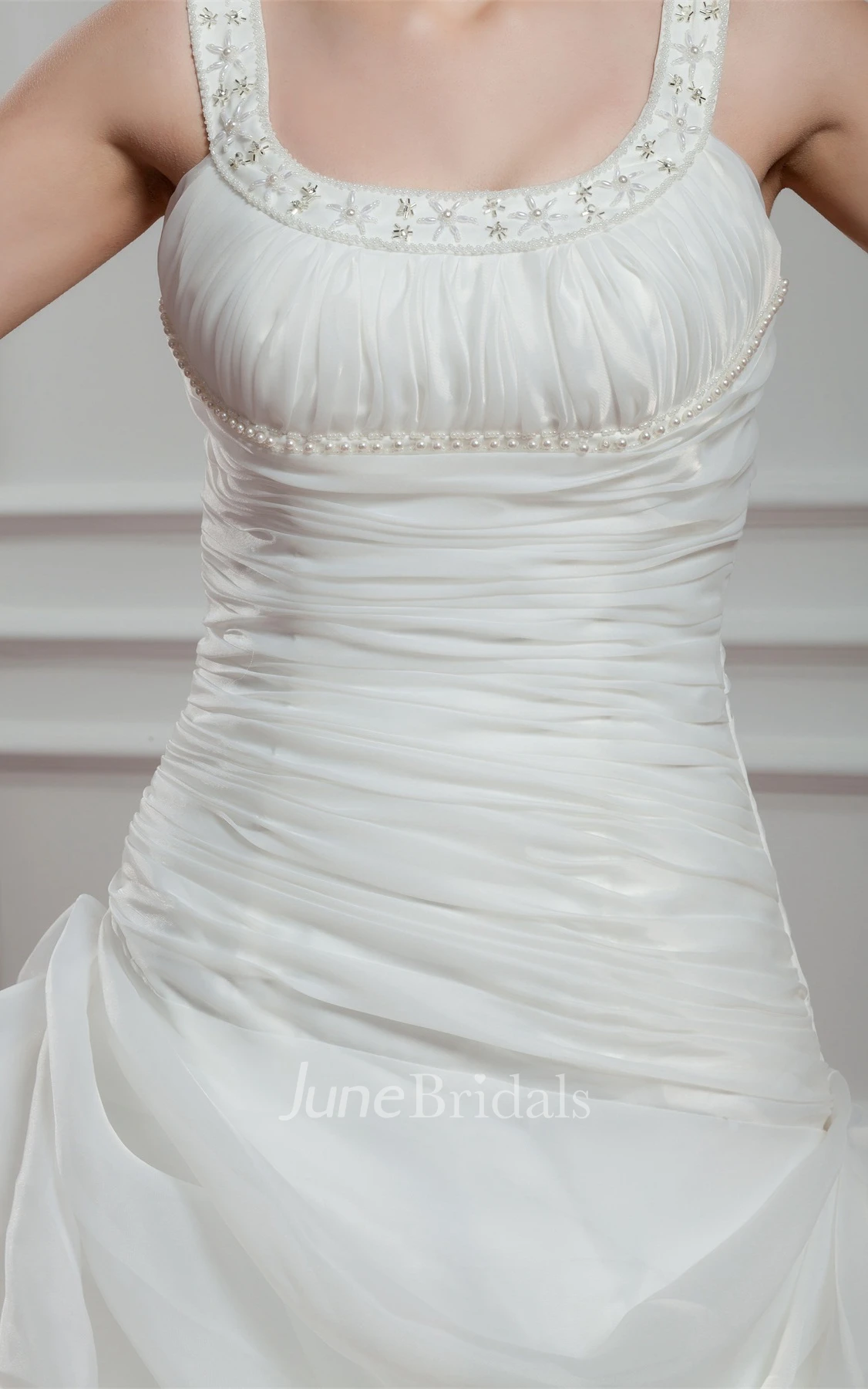 Strapped Pick-Up A-Line Gown with Beading and Ruched Bodice
