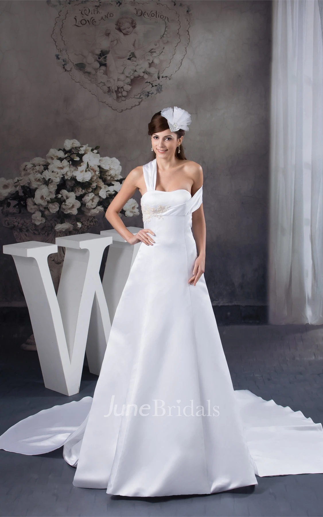 Satin Single-Strap A-Line Gown with Appliques and Court Train