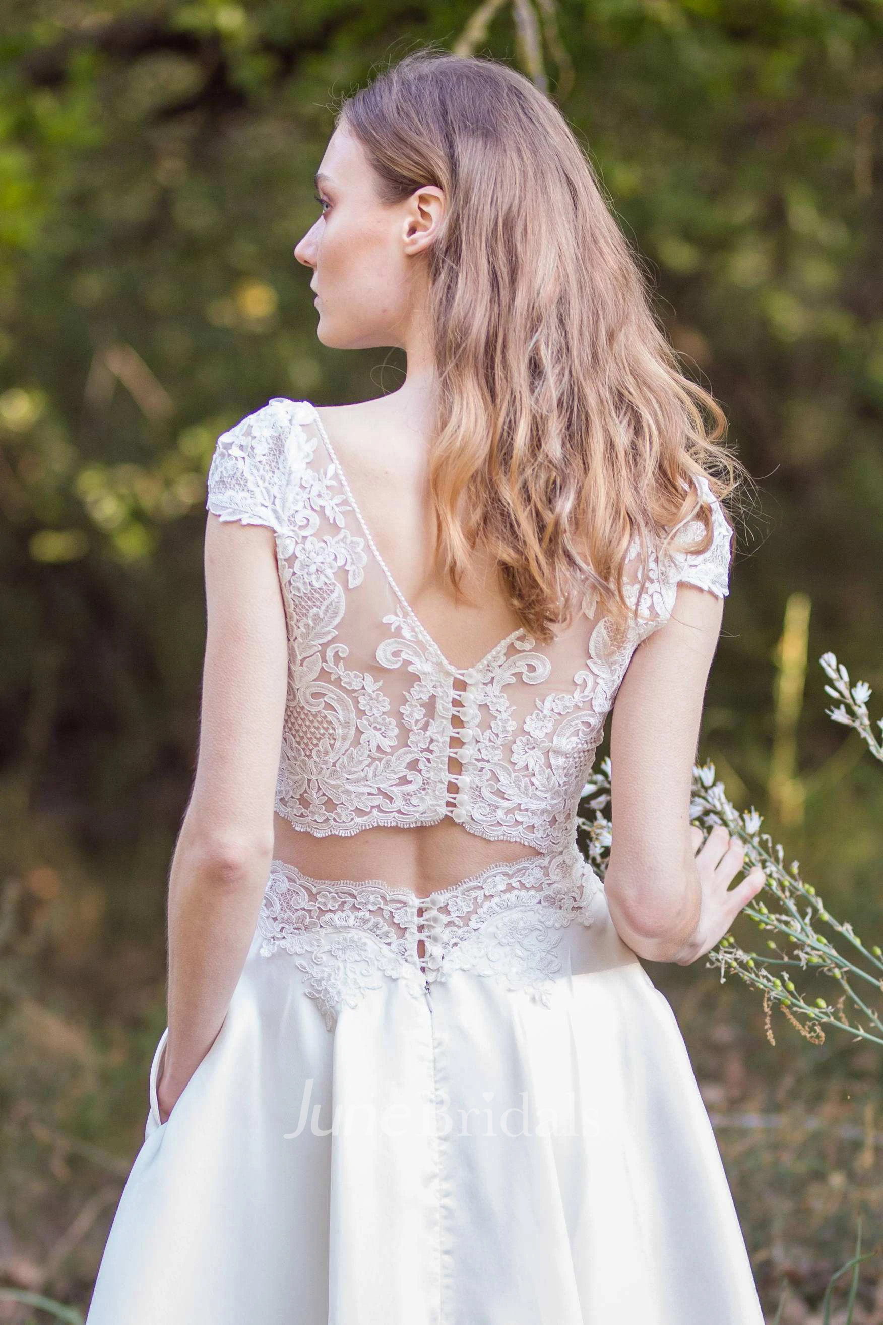 V-Neck Cap-Sleeve Two-Piece A-Line Satin Wedding Dress With Appliques