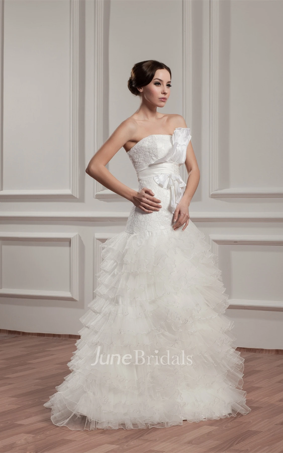 Strapless Ruffled A-Line Gown with Bow and Tiers