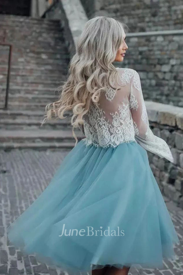 A-line Two Piece Long Sleeve Pleats Tea-length Lace Tulle Homecoming Dress