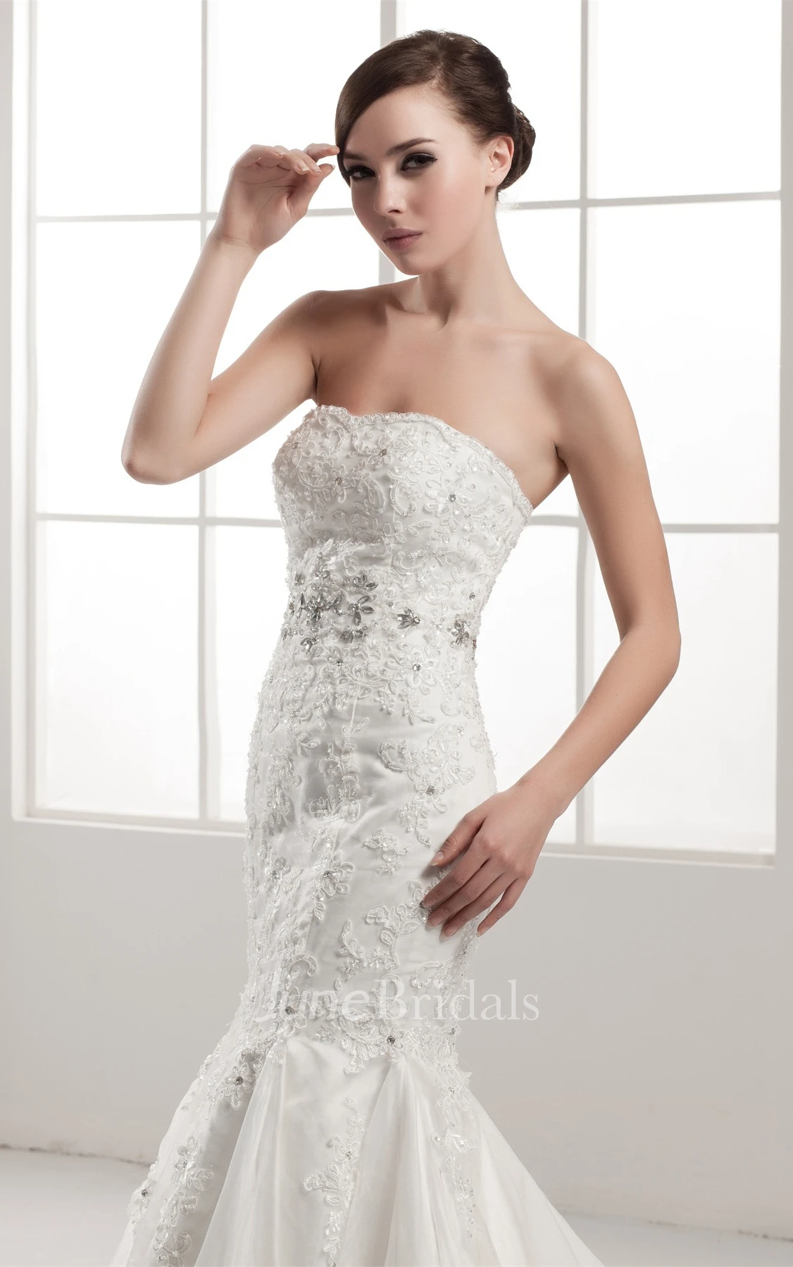 Strapless Lace Trumpet A-Line Dress with Beading and Pleats