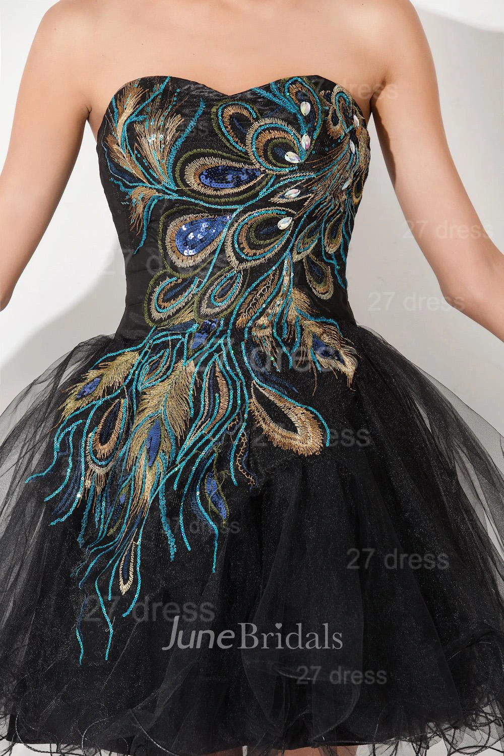 Sexy Black Sweetheart Short Tulle Homecoming Dress Peacock Design