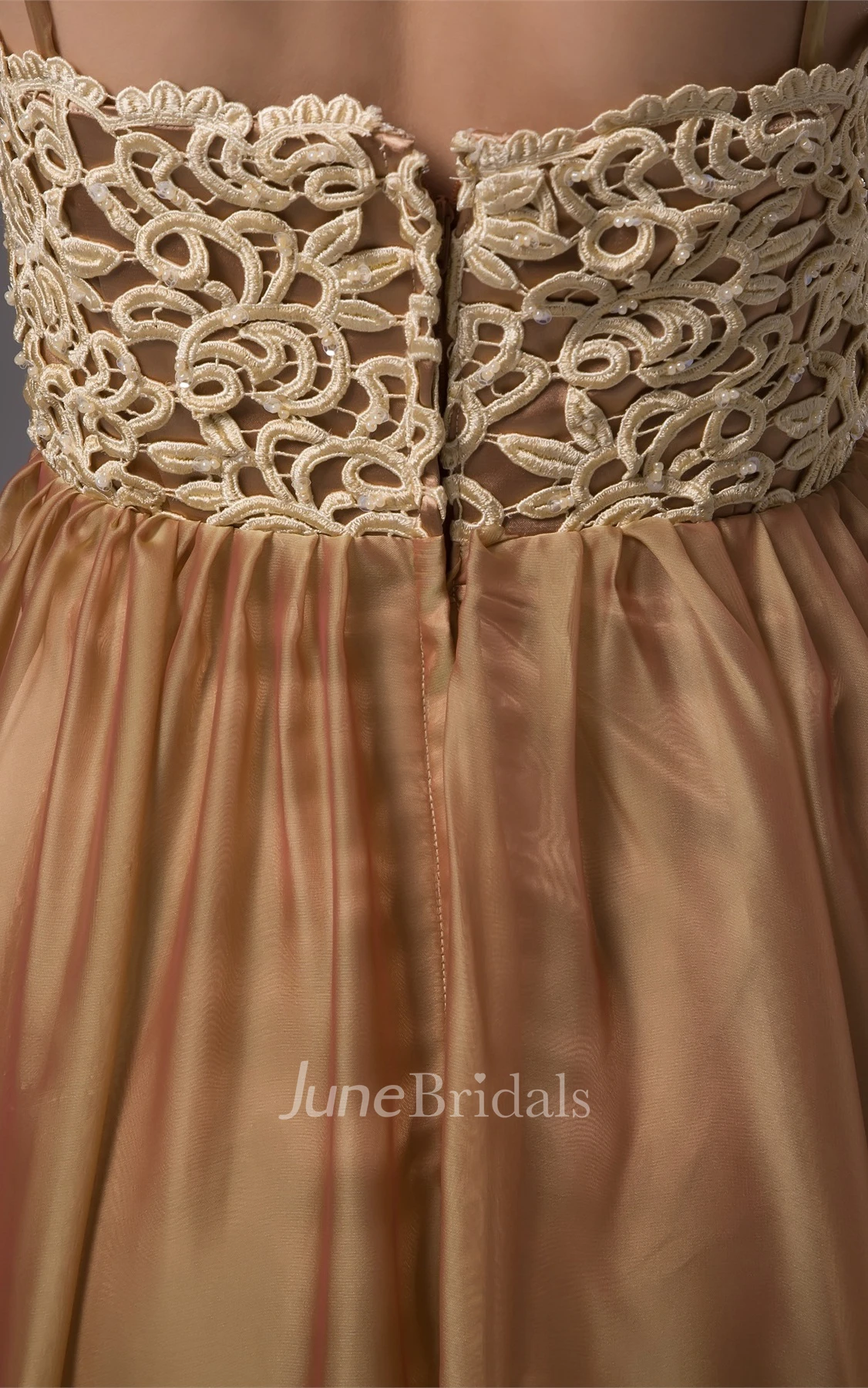 Spaghetti-Strap Floor-Length Gown with Pleats and Lace