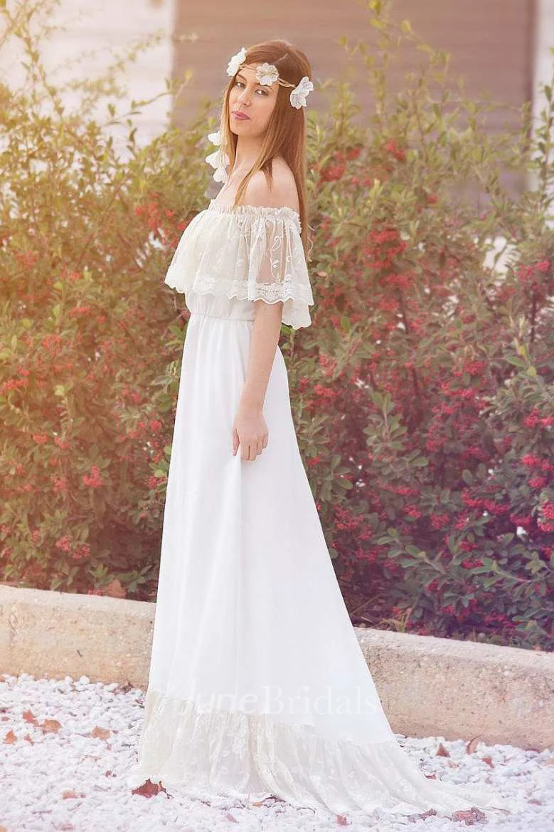 Boho Off-The-Shoulder Lace Chiffon Wedding Dress With Sweep Train
