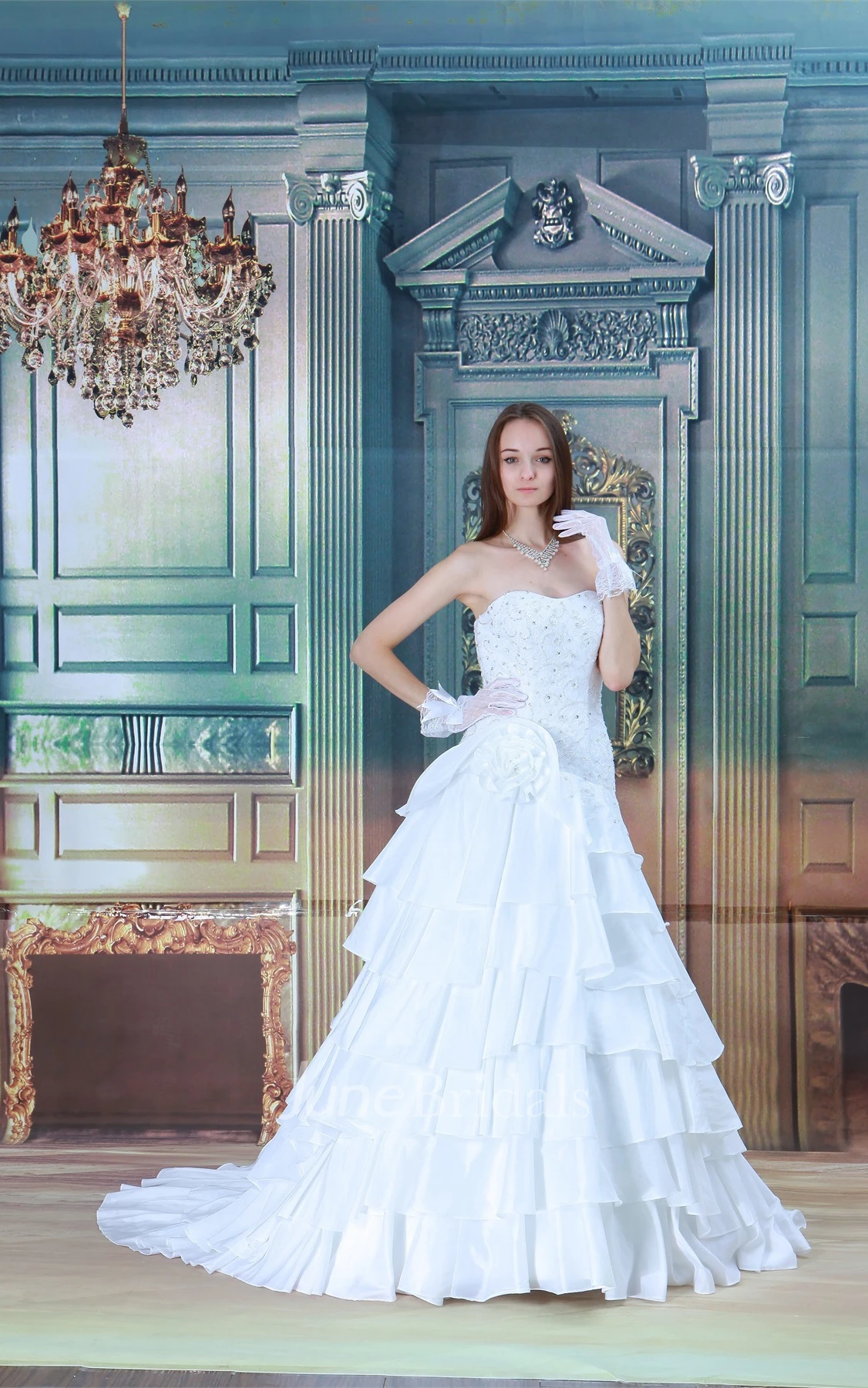 Strapless Tiered A-Line Dress with Flower and Beading