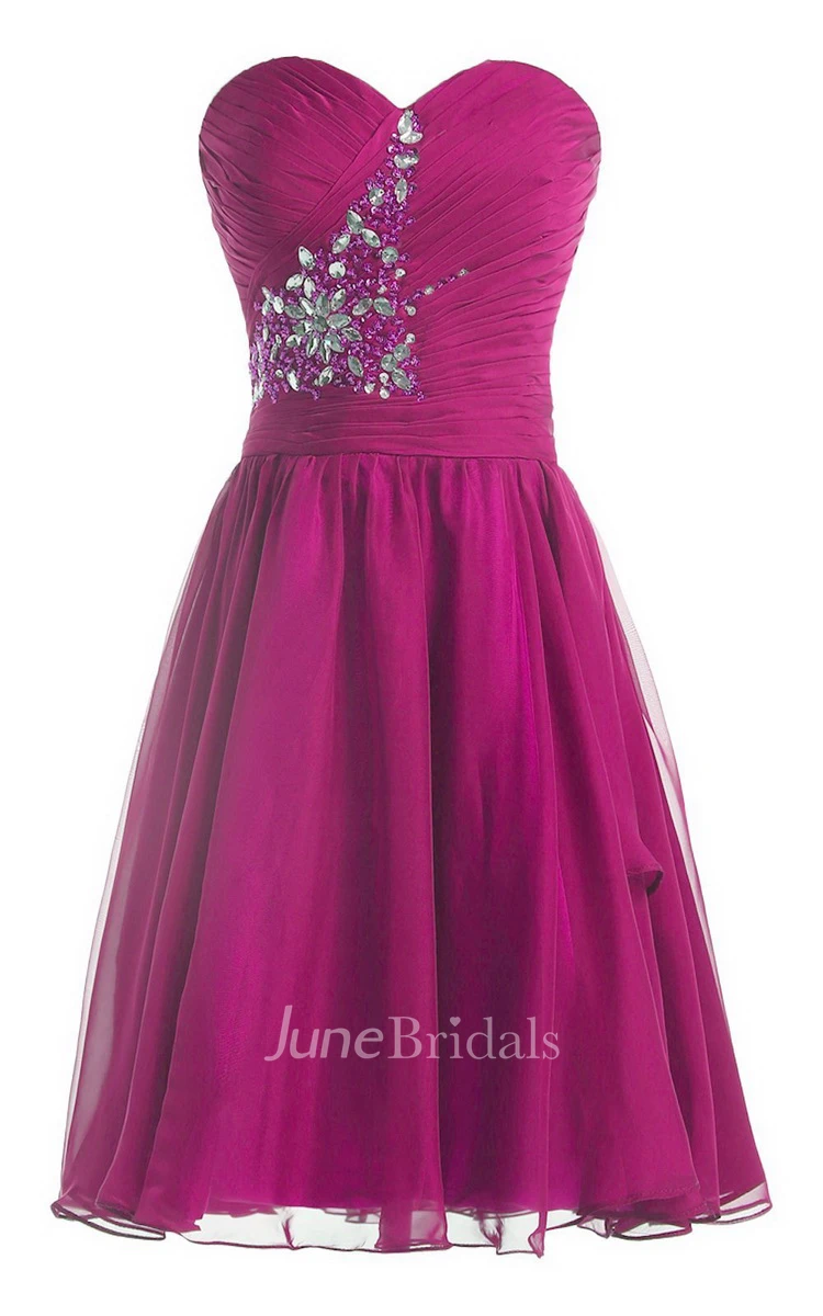 Strapless Pleat and Ruched A-line Dress With Leaf Print