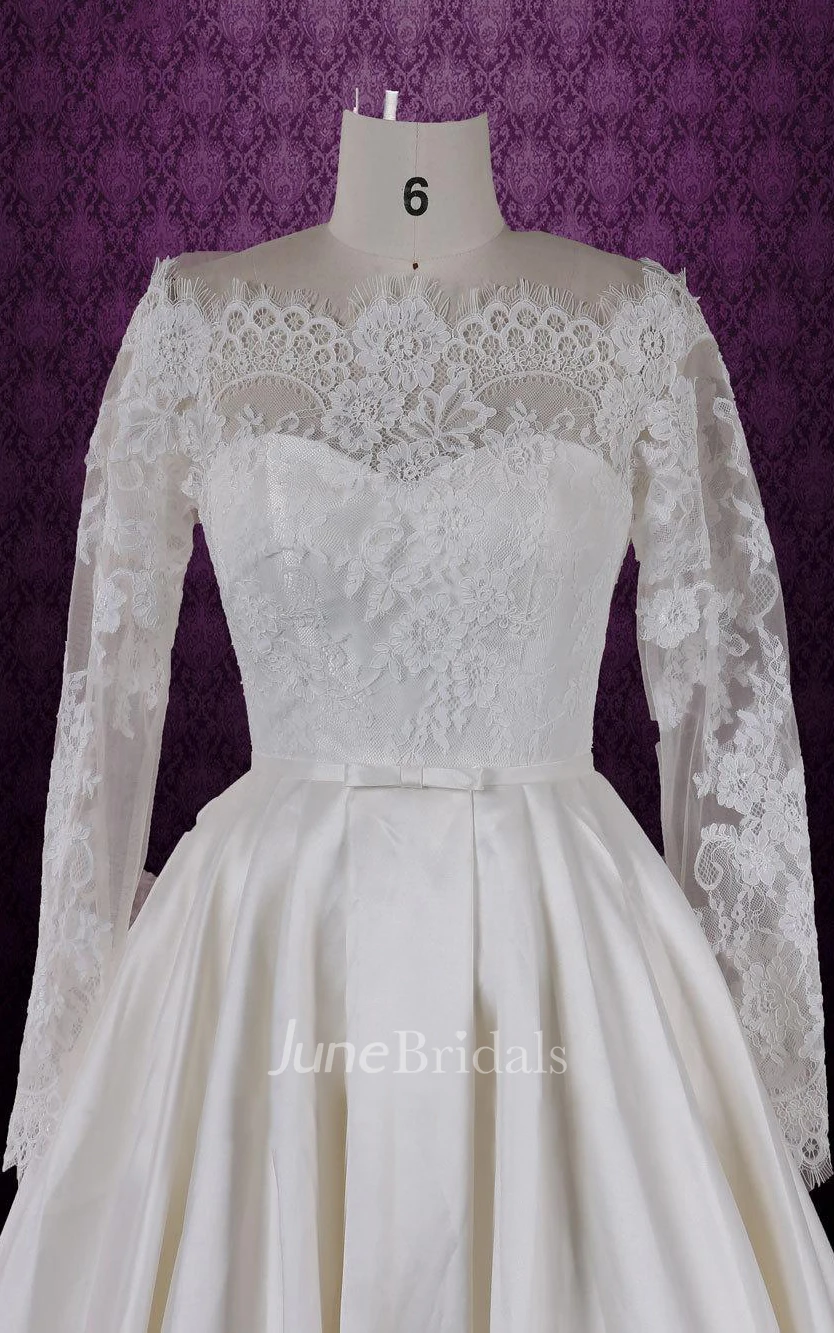 Bateau Neck Taffeta Weddig Dress With Long Lace Sleeves
