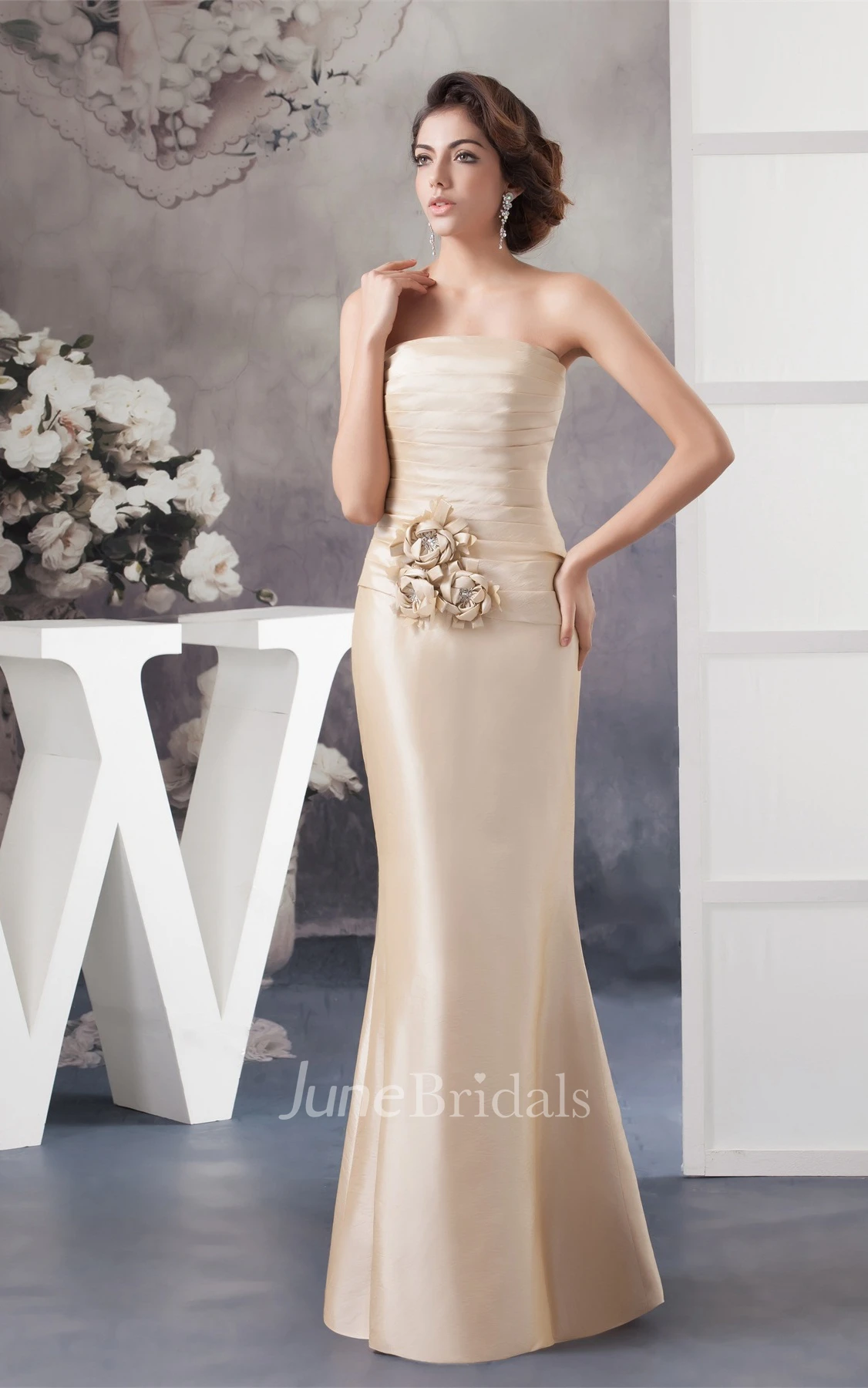 Strapless Ruched Sheath Dress with Flower and Bolero