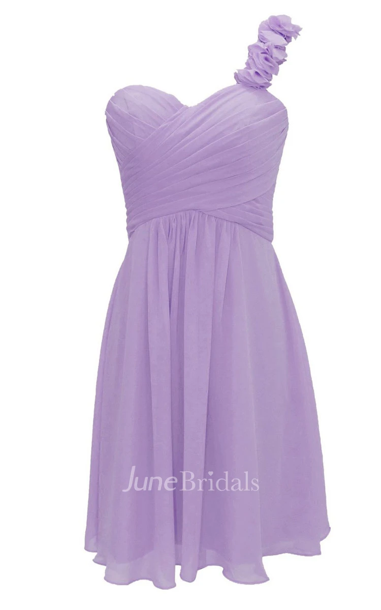 Floral One-shoulder Pleated Short Dress With Lace-up Back