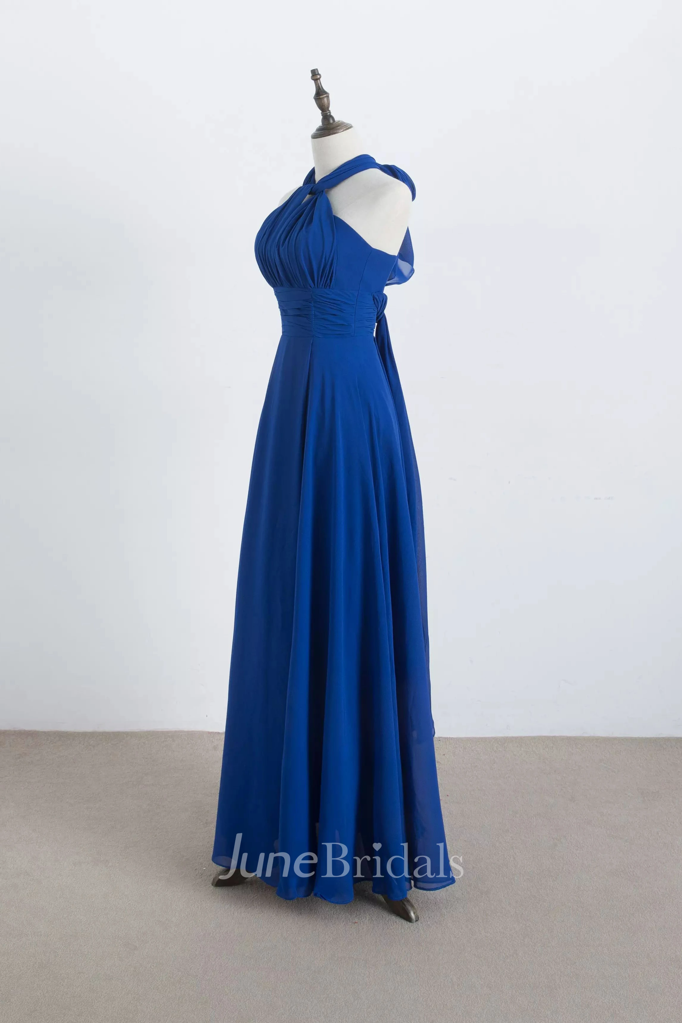 A-line Halter Sleeveless Floor-length Chiffon Bridesmaid Dress with Pleats