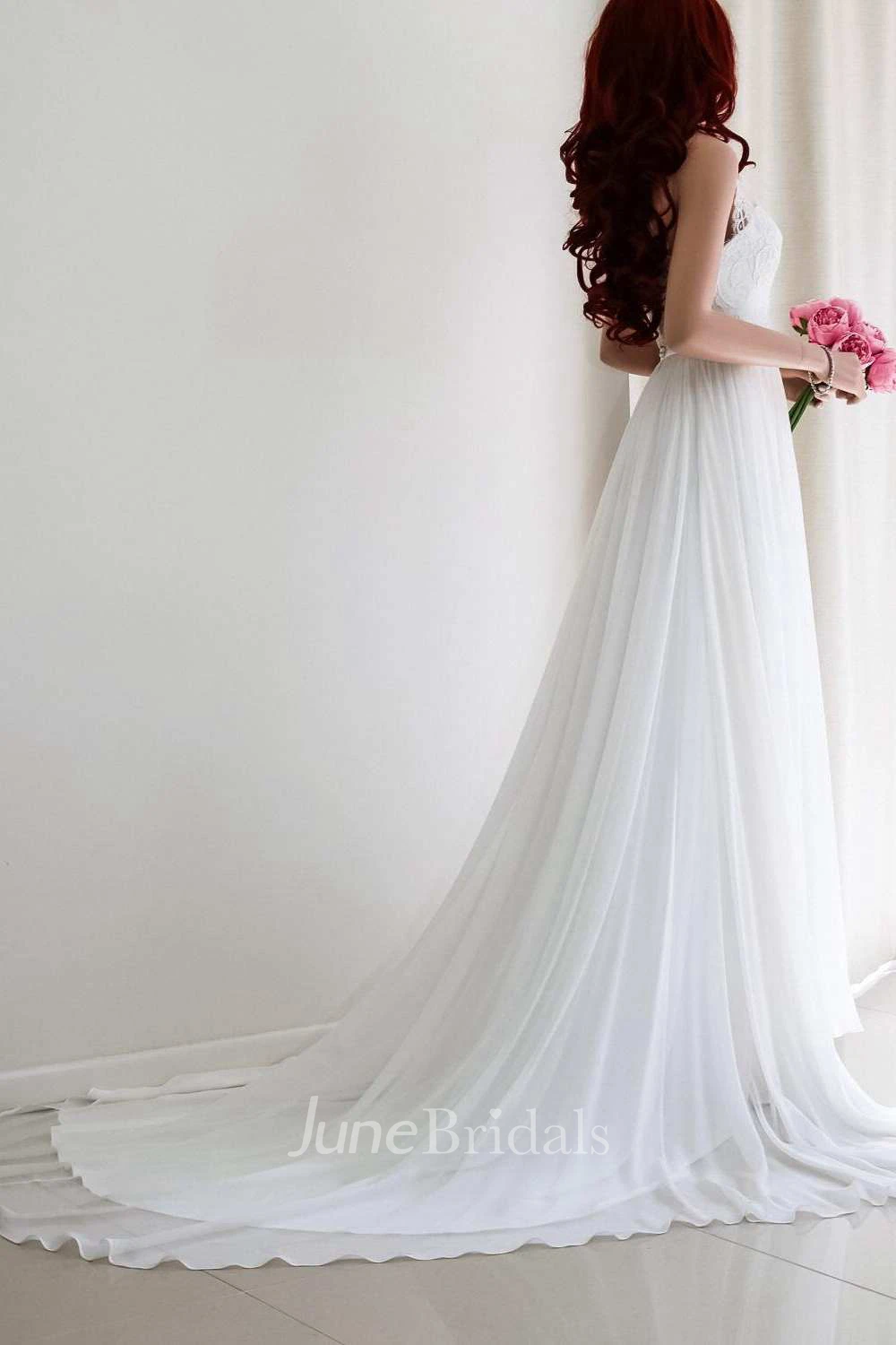 Lace Appliqued Haltered Empire Chiffon Pleated Wedding Dress With Sweep Train