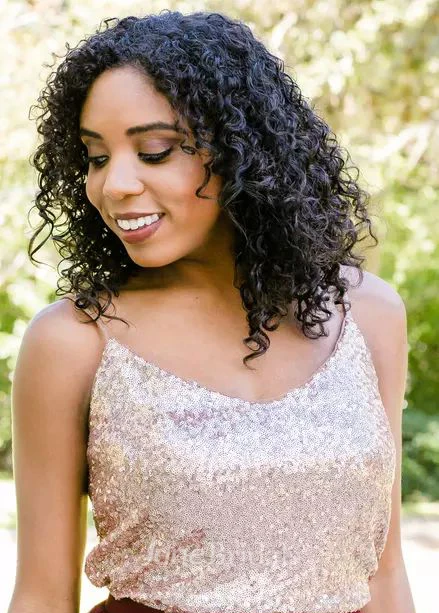 A-Line Jewel Spaghetti Sleeveless Short Sleeve Tulle Sequins Dress