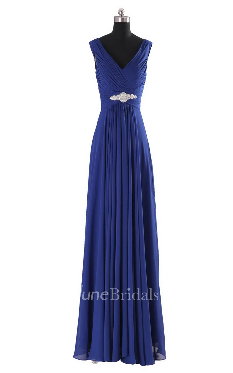 Sleeveless V-neck Long Empire Beaded Chiffon Dress