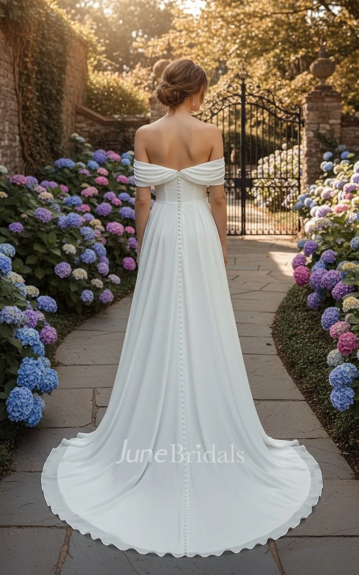 A-Line Chiffon Sleeveless Wedding Dress with Ruching 2026 Floor Length Off-the-shoulder Country Garden Sweep Train Elegant Simple