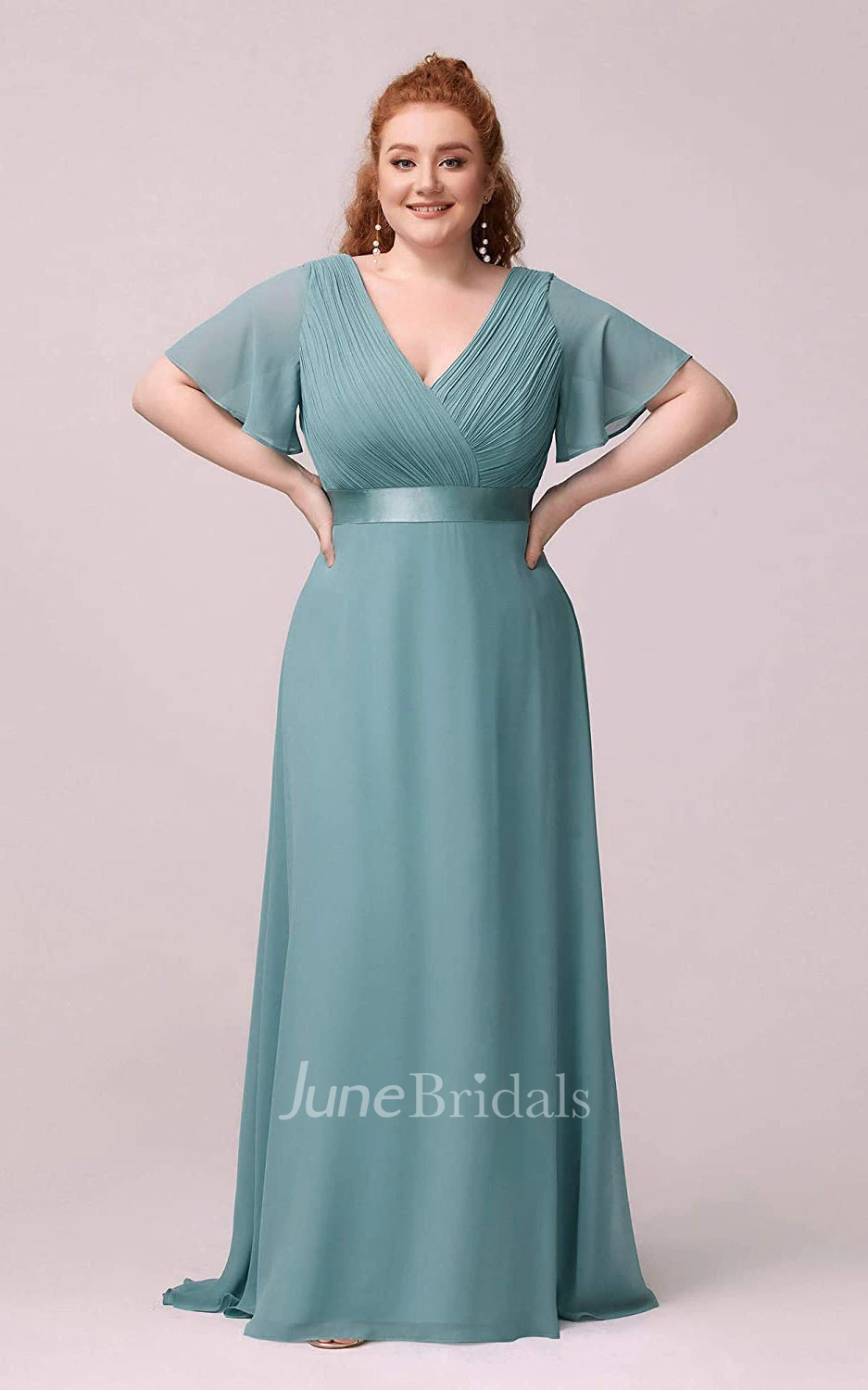 A Line V-neck Chiffon Half Sleeve Prom Dress With Criss Cross and Ruching