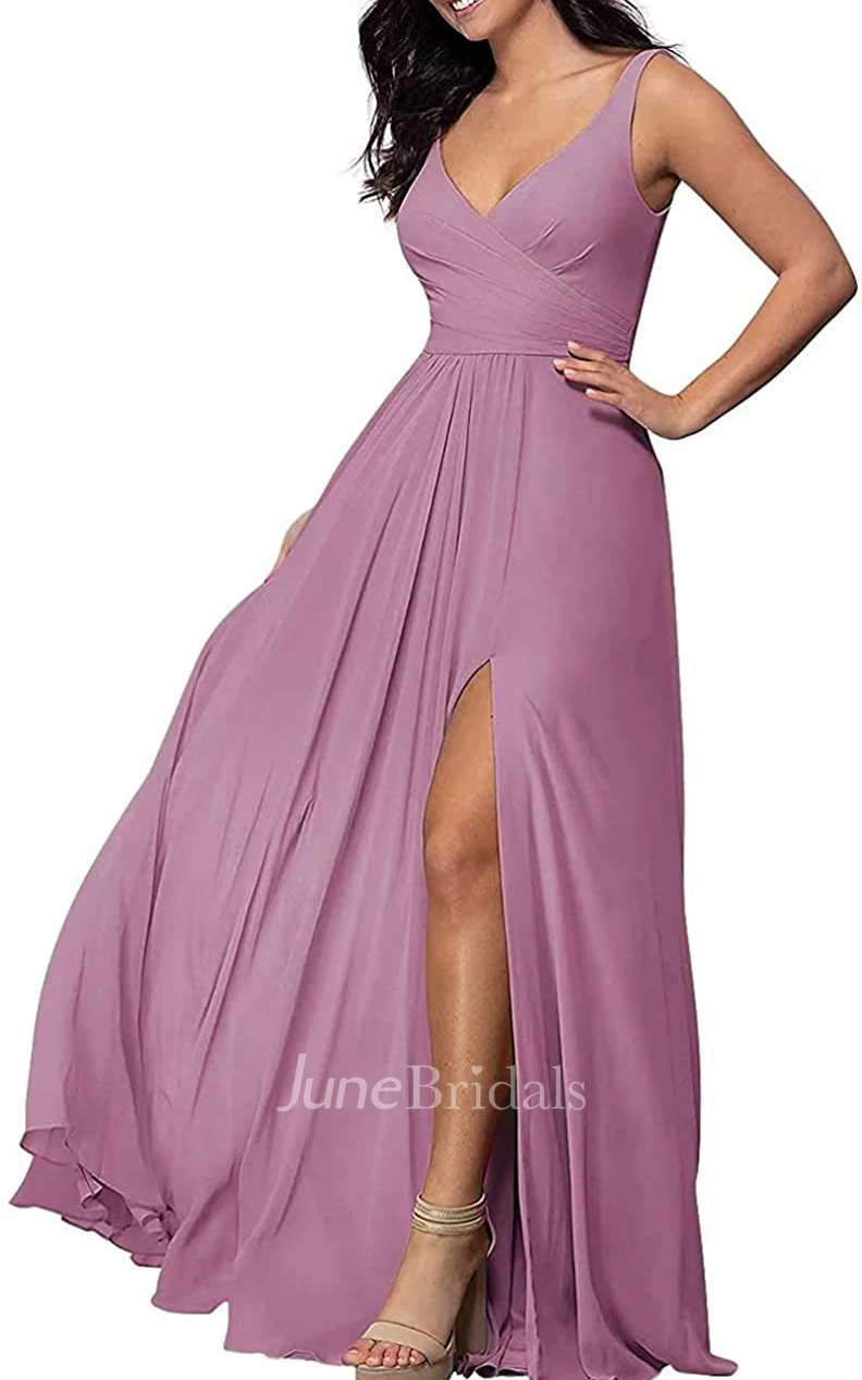 Sexy A Line V-neck Chiffon Sleeveless Bridesmaid Dress