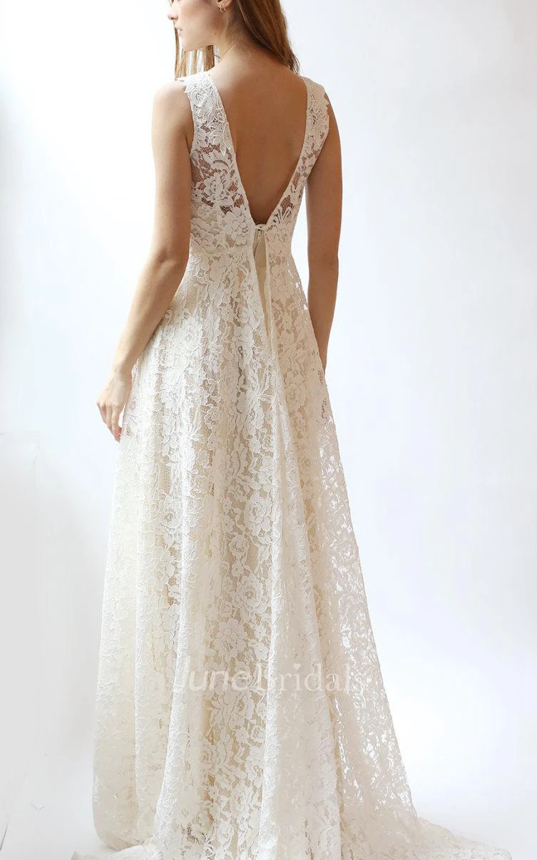Jewel Neck Sleeveless A-Line Rose Lace Wedding Dress