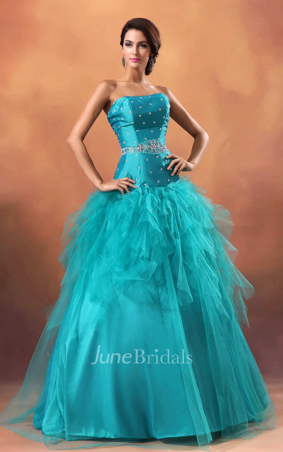 Strapless A-Line Princess Ball Gown With Crystal Detailing And Ruffles
