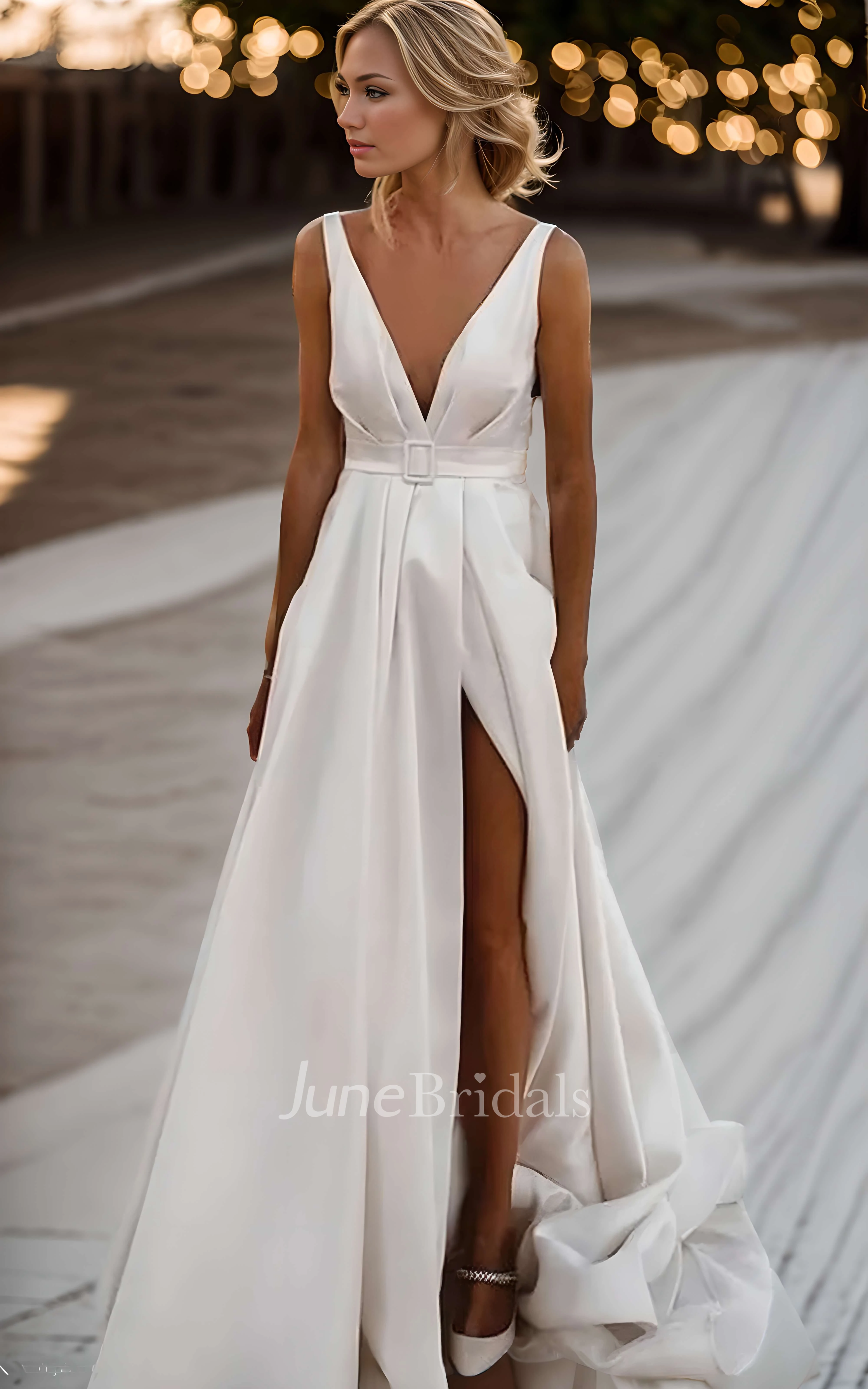 Modern Sexy Satin A-line Sleeveless Spring Wedding Dress Deep V Neck Front Slit Train Gown