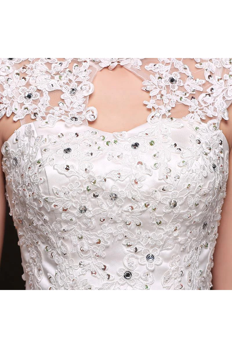 Gorgeous High Neck Cap Sleeve Wedding Dresses Ball Gown With Lace Appliques